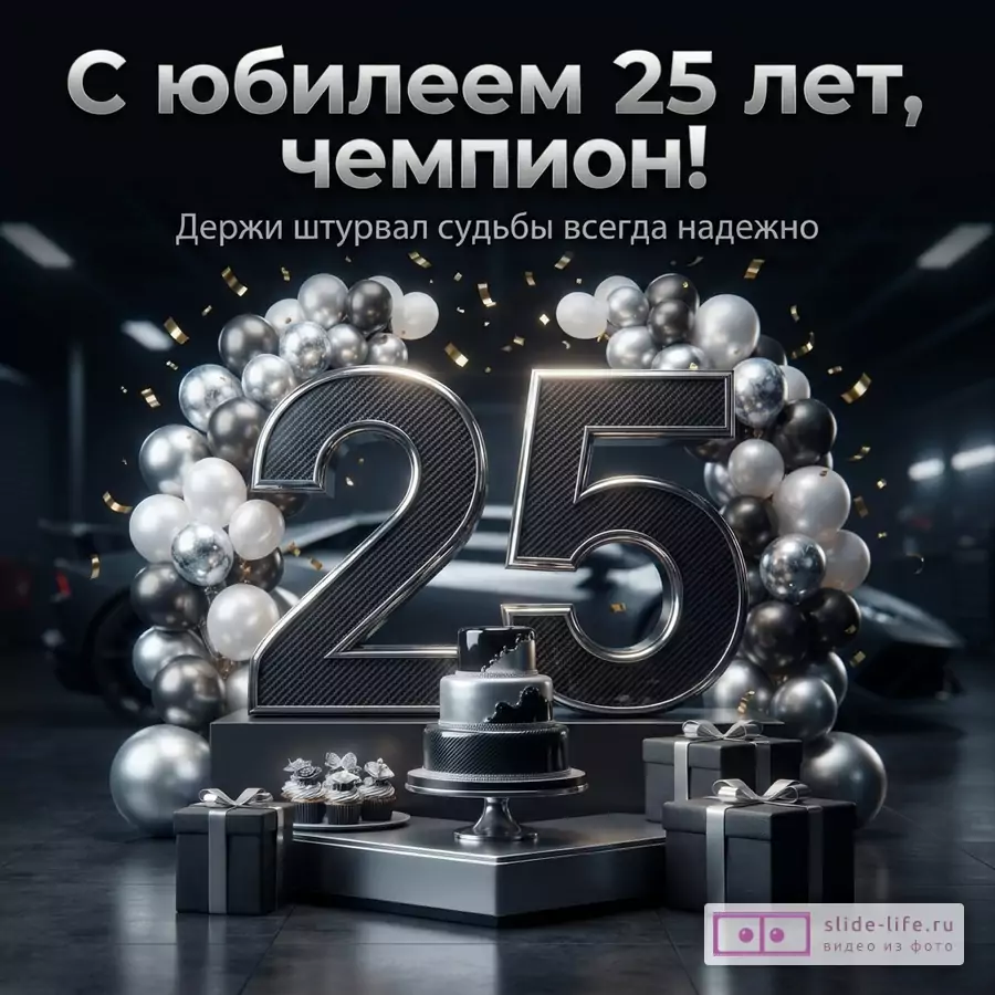 Объемная цифра 25 с текстурой карбона, торт, подарки и арка из серебристых и черных шаров с текстом «С юбилеем 25 лет, чемпион! Держи штурвал судьбы всегда надежно».