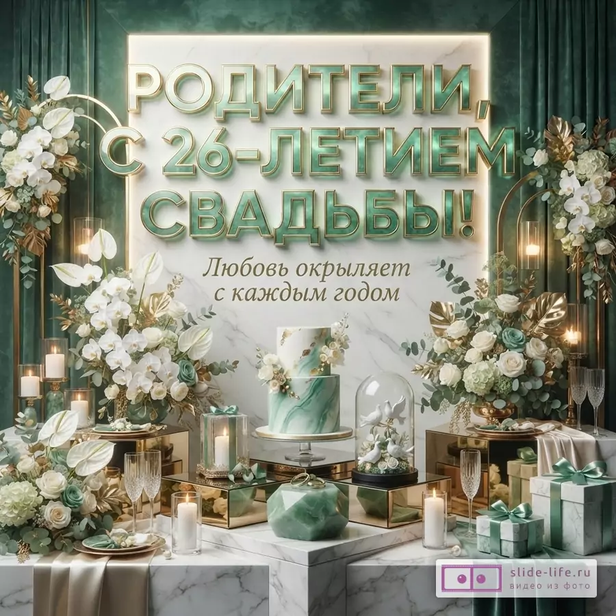 Текст «РОДИТЕЛИ, С 26-ЛЕТИЕМ СВАДЬБЫ! Любовь окрыляет с каждым годом» на белом мраморном фоне, зеленые и золотые декоративные элементы, цветочные композиции и подарочные коробки.