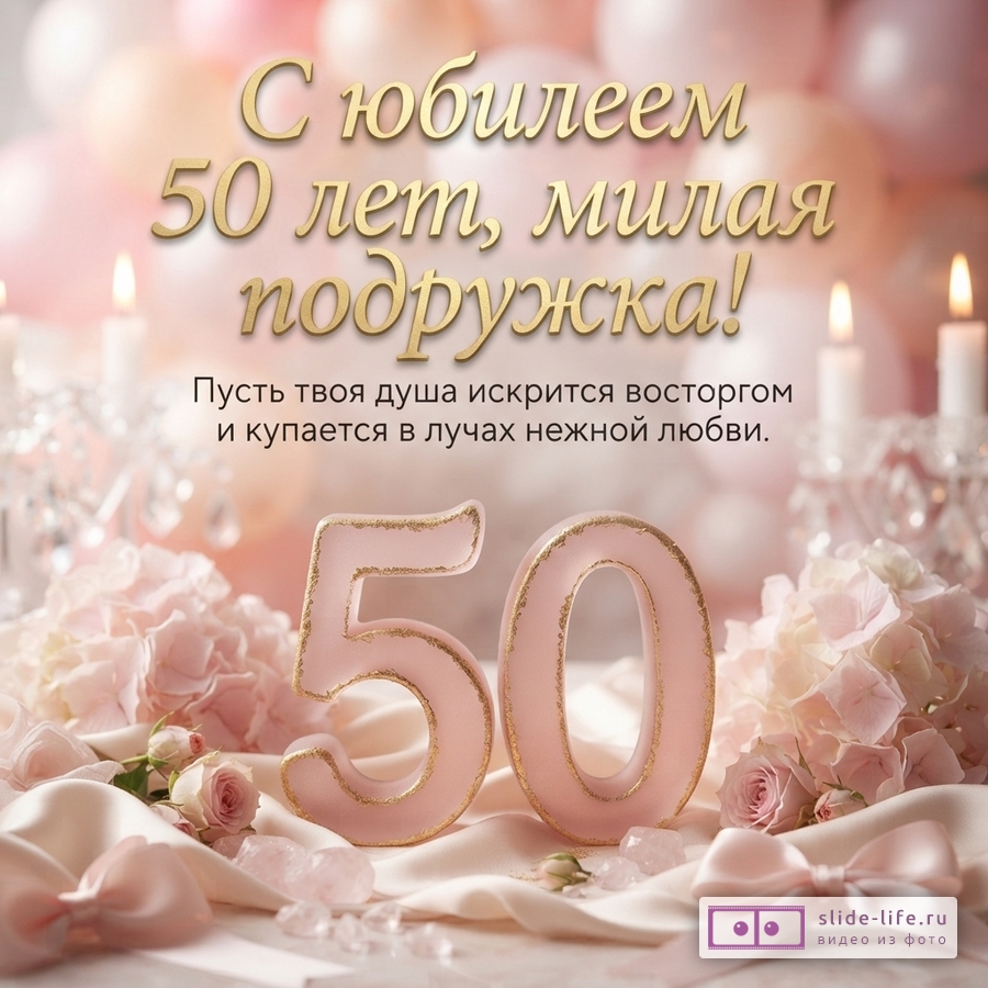 Открытка с розовым фоном, золотой текст «С юбилеем 50 лет, милая подружка! Пусть твоя душа искрится восторгом и купается в лучах нежной любви.». Внизу розовые цифры 50, цветы, свечи.