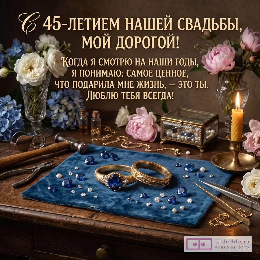 Темно-коричневый фон, синие камни, золотые кольца, свеча и цветы. Текст: «С 45-летием нашей свадьбы, мой дорогой!»