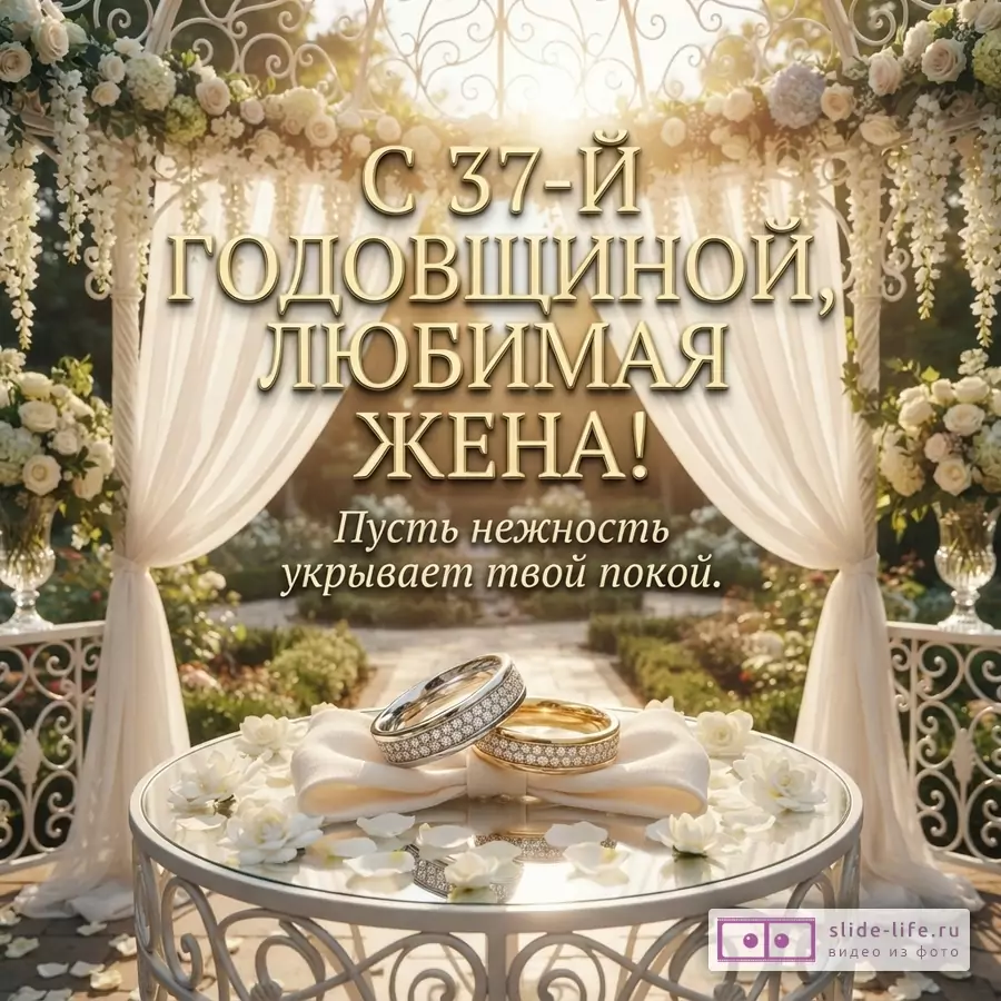 Свадебная арка с белыми цветами и драпировкой, на переднем плане круглый столик со свадебными кольцами. Текст: «С 37-Й ГОДОВЩИНОЙ, ЛЮБИМАЯ ЖЕНА! Пусть нежность укрывает твой покой.»