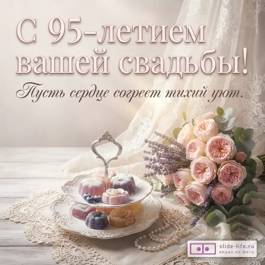 Двухъярусное блюдо с фигурным мармеладом, букет розовых роз с лавандой и жемчужная нить на светлом кружеве. Надпись: «С 95-летием вашей свадьбы! Пусть сердце согреет тихий уют.»