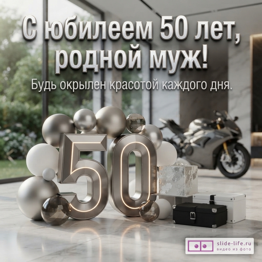 Открытка с юбилеем 50 лет. На переднем плане объемные цифры «50», шары, подарки. На заднем плане мотоцикл. Текст «С юбилеем 50 лет, родной муж! Будь окрылен красотой каждого дня.»