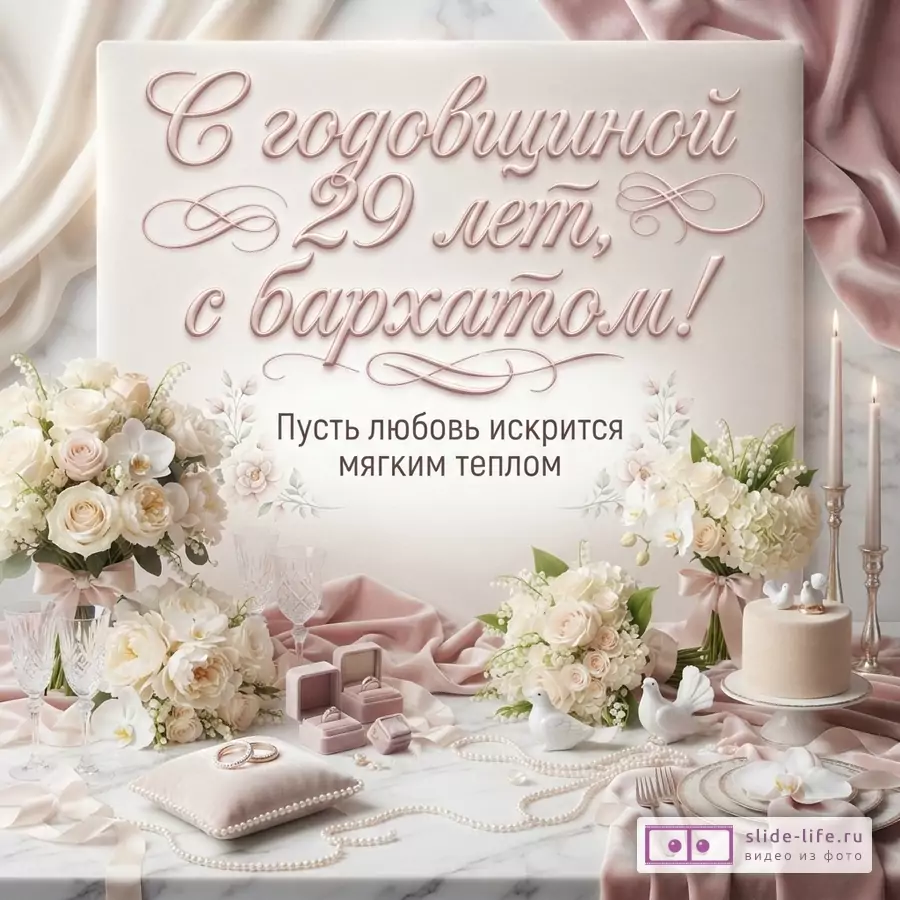 Фон бежевый, розовый. На переднем плане букеты цветов, кольца, свечи, торт. Текст: «С годовщиной 29 лет, с бархатом! Пусть любовь искрится мягким теплом»