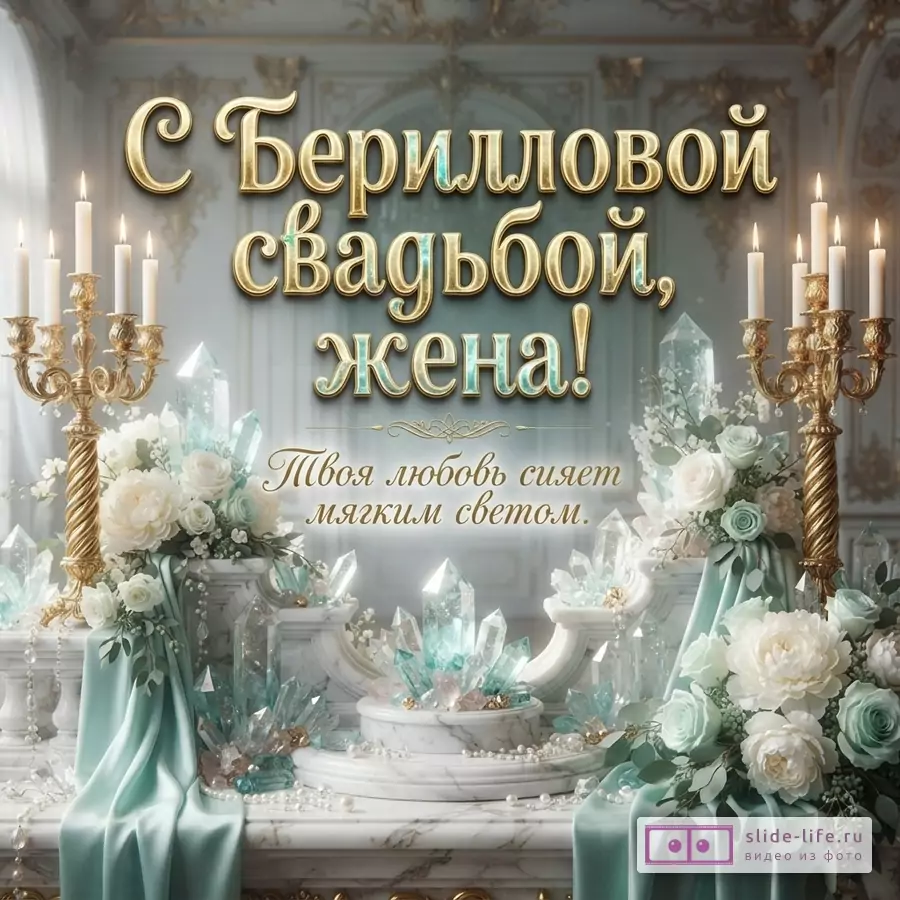 Серо-голубой интерьер с хрустальными кристаллами, белыми цветами и золотыми канделябрами. Текст: «С Берилловой свадьбой, жена! Твоя любовь сияет мягким светом.»