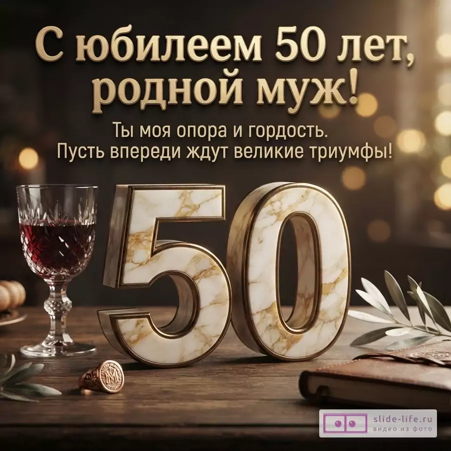Темный фон, золотые буквы, бокал с красным вином, кольцо, блокнот, ветка оливы. Надпись: «С юбилеем 50 лет, родной муж! Ты моя опора и гордость. Пусть впереди ждут великие триумфы!»