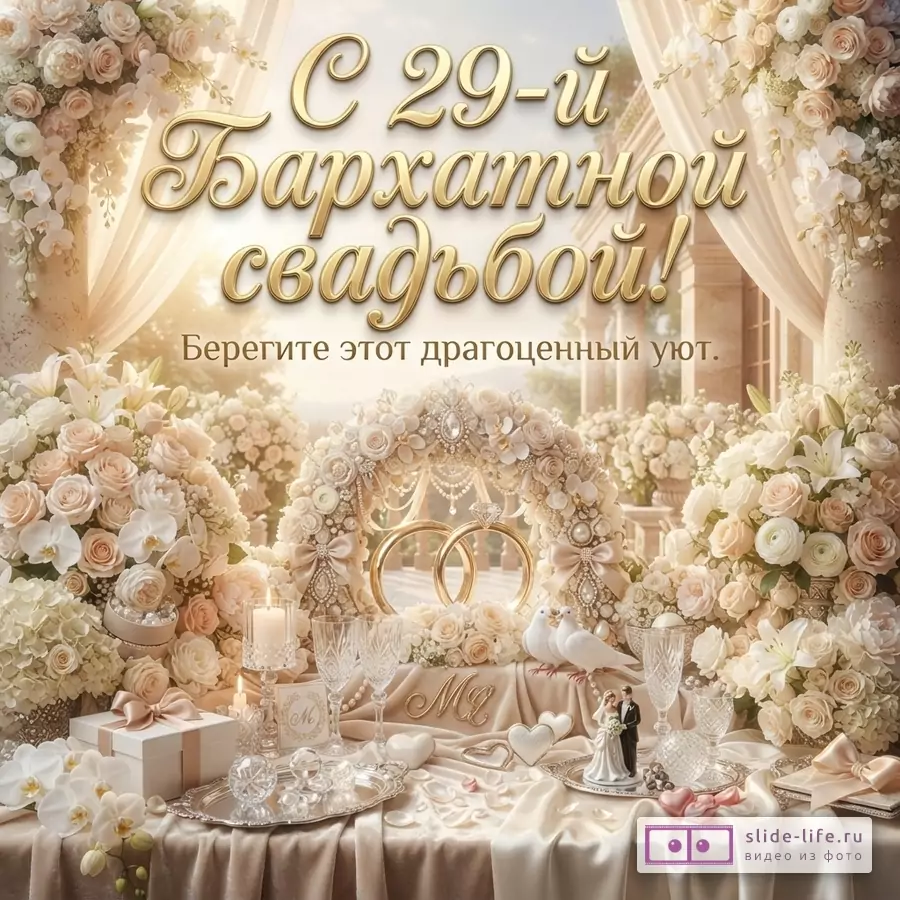 Открытка с бежевым фоном, золотыми буквами и цветами. Текст: «С 29-й Бархатной свадьбой! Берегите этот драгоценный уют.»