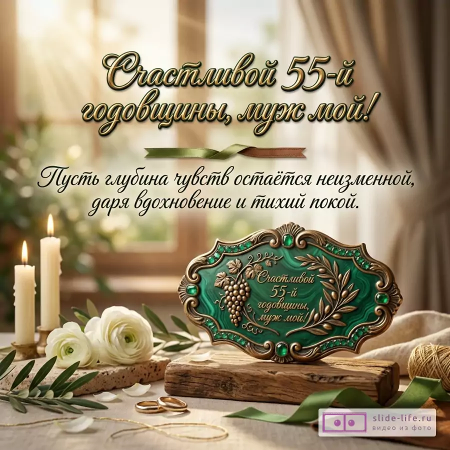 Открытка с бежевым фоном, свечами, белыми розами, зелеными ветвями, кольцами, зеленой декоративной табличкой с золотым узором и текстом «Счастливой 55-й годовщины, муж мой!»