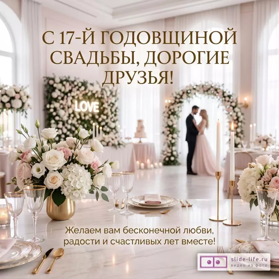 Белый и розовый свадебный зал с цветами, свечами и молодоженами. Текст: «С 17-Й ГОДОВЩИНОЙ СВАДЬБЫ, ДОРОГИЕ ДРУЗЬЯ!», «Желаем вам бесконечной любви, радости и счастливых лет вместе!»