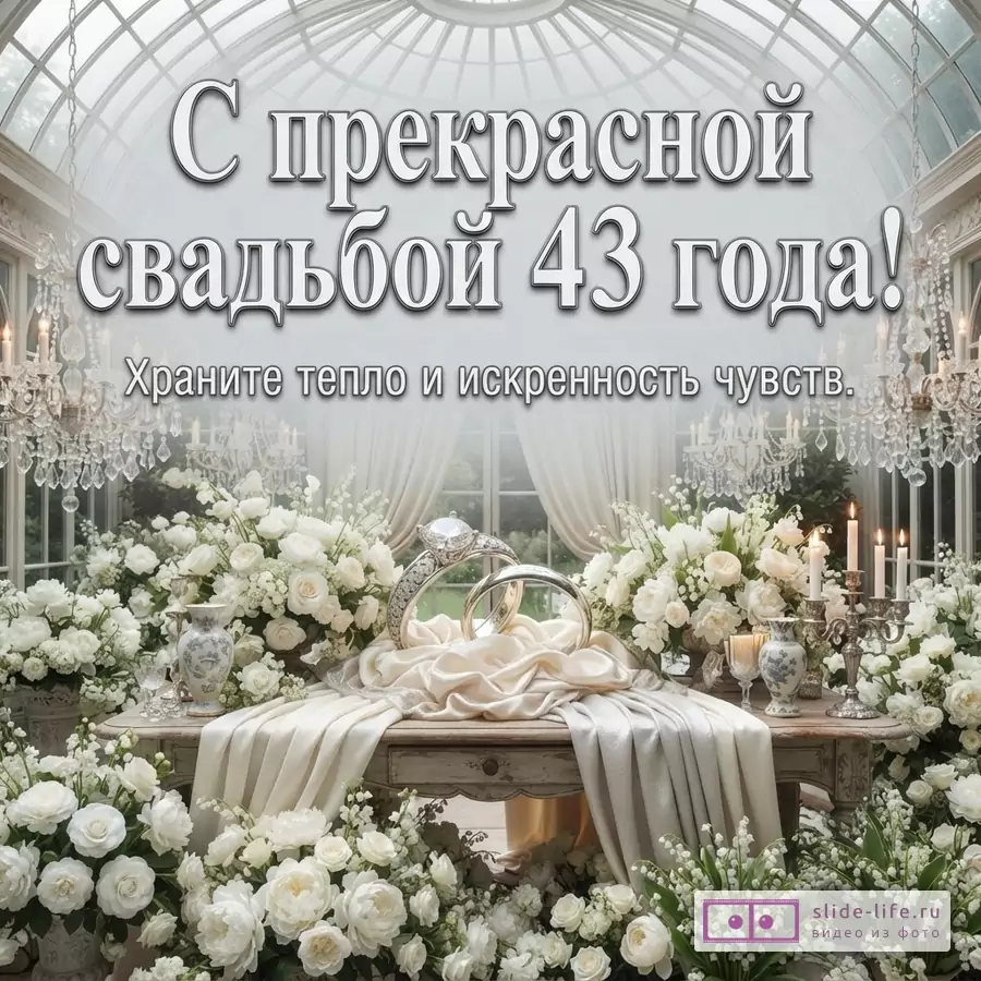 Светлый фон, много белых цветов, два обручальных кольца на столе. Текст: «С прекрасной свадьбой 43 года! Храните тепло и искренность чувств.»
