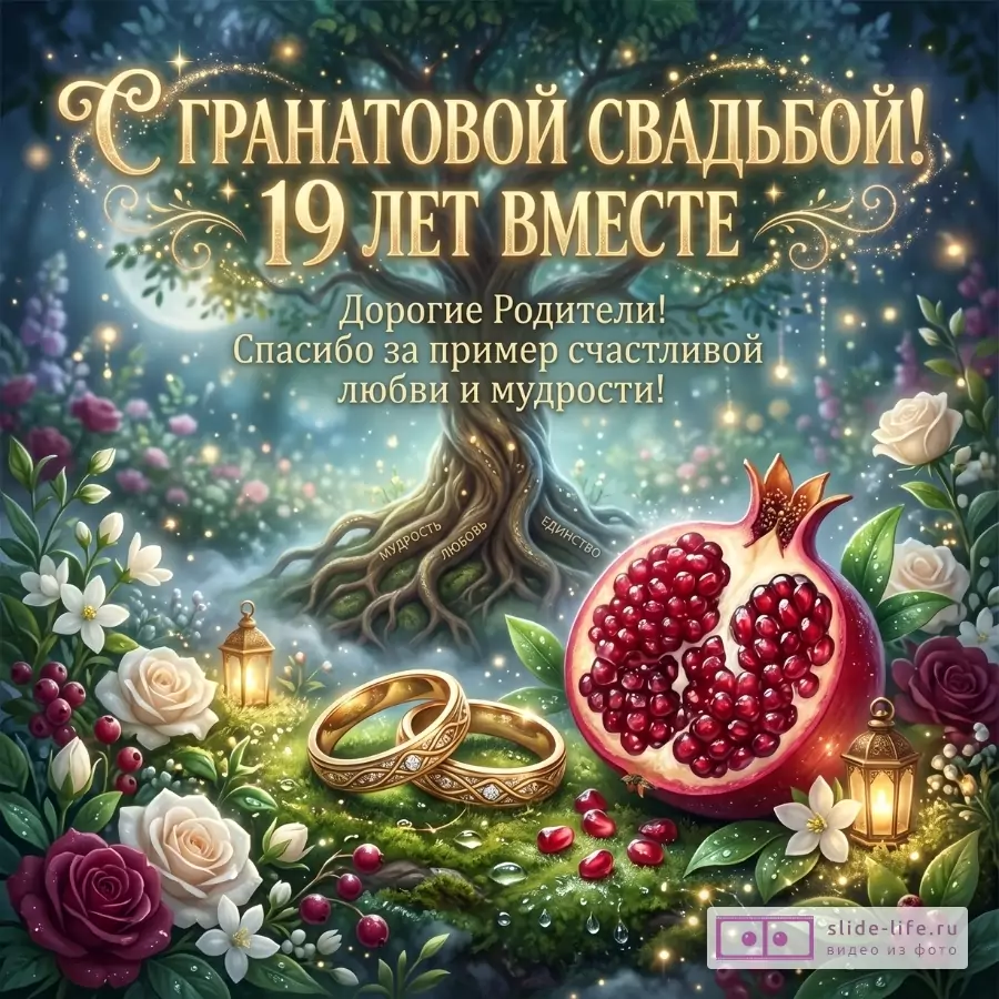 Темно-зеленый сказочный фон, дерево, гранат, кольца, цветы и фонари. Текст «С ГРАНАТОВОЙ СВАДЬБОЙ! 19 ЛЕТ ВМЕСТЕ. Дорогие Родители! Спасибо за пример счастливой любви и мудрости!»