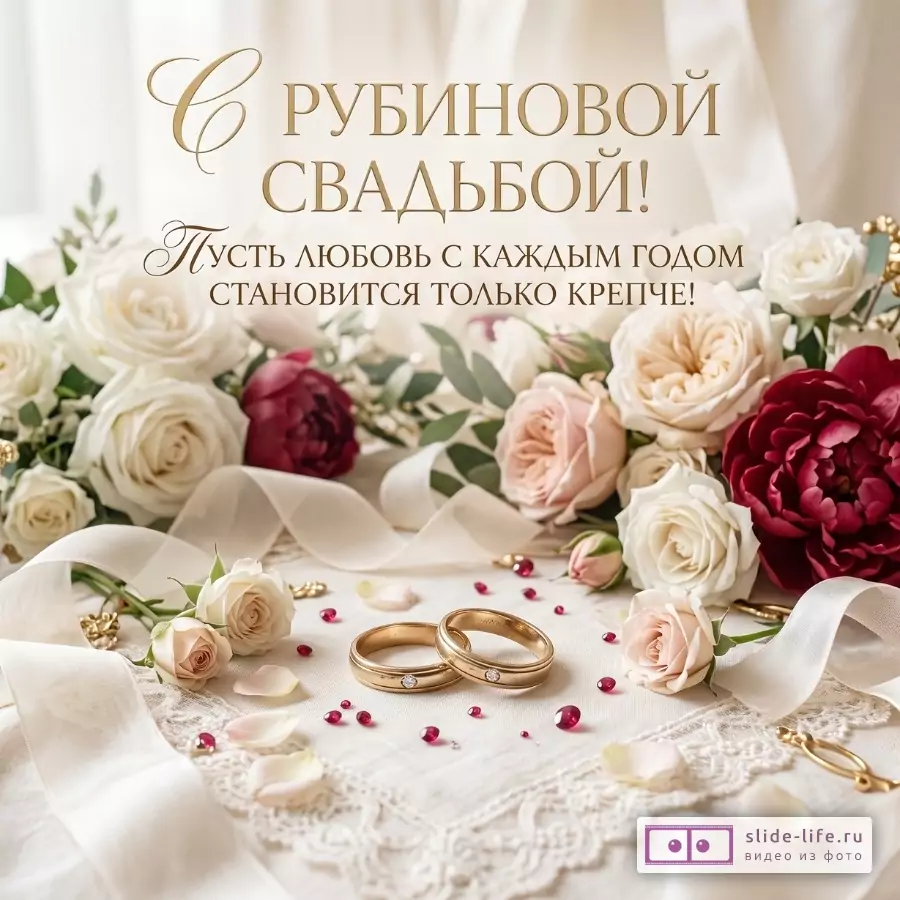 Кремовый фон, белые и бордовые розы, золотые обручальные кольца и ленты. Текст: «С РУБИНОВОЙ СВАДЬБОЙ! Пусть любовь с каждым годом становится только крепче!»