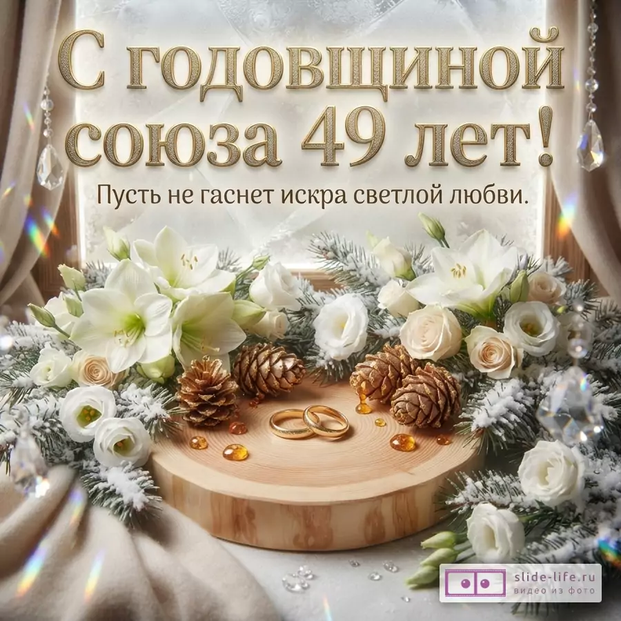 Фон с размытым окном, золотые буквы, еловые ветки в снегу, белые цветы, золотые шишки, два золотых кольца на деревянном спиле, янтарные капли.