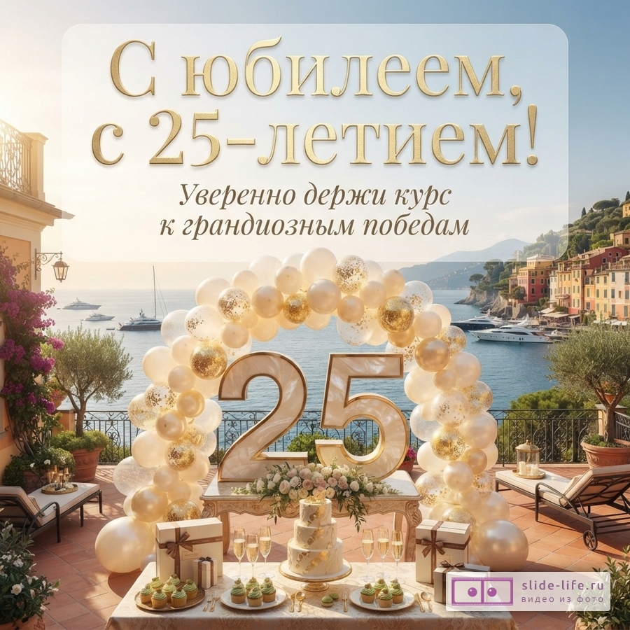 Морской курорт с яхтами, праздничный стол с тортом и цифра 25 в арке из шаров с надписью «С юбилеем, с 25-летием! Уверенно держи курс к грандиозным победам.»