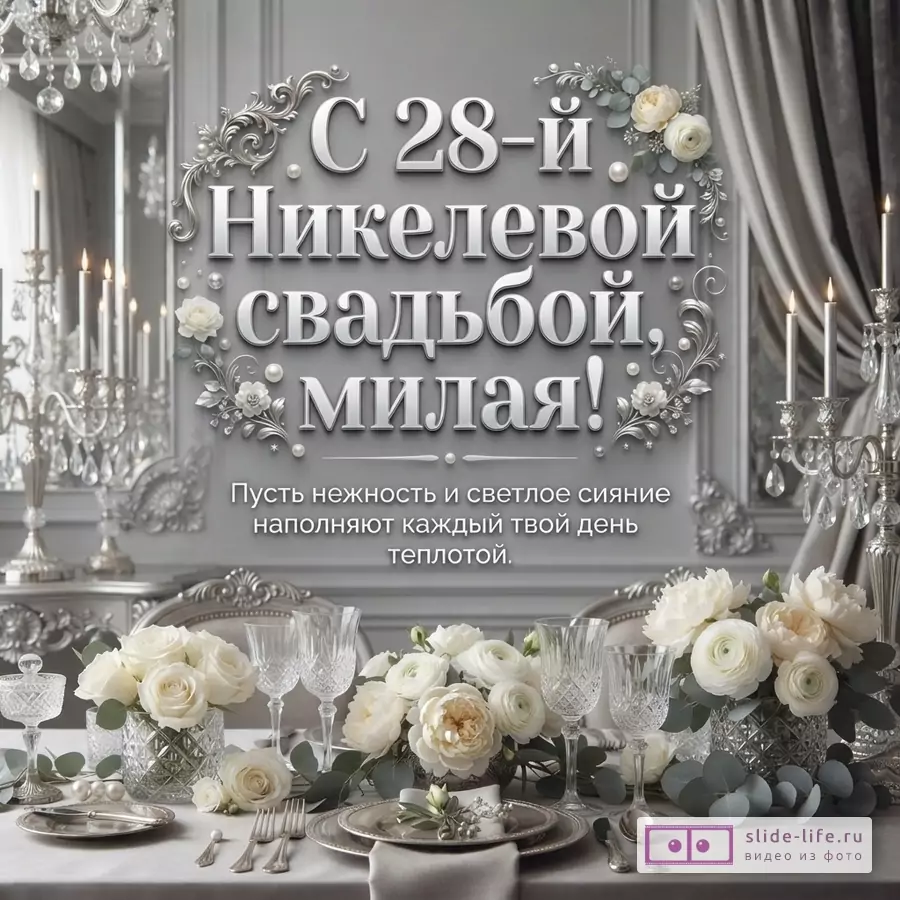 Открытка на Никелевую свадьбу на сером фоне. В центре надпись «С 28-й Никелевой свадьбой, милая! Пусть нежность и светлое сияние наполняют каждый твой день теплотой.». Надпись украшена серебристыми узорами с белыми цветами и жемчугом. Внизу сервированный стол с белыми цветами в вазах, свечами и хрустальными бокалами.