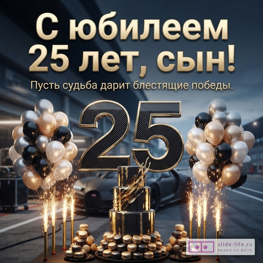 Объемная цифра 25, черный торт с золотом, бенгальские огни и шары на фоне спорткара с текстом «С юбилеем 25 лет, сын! Пусть судьба дарит блестящие победы.»