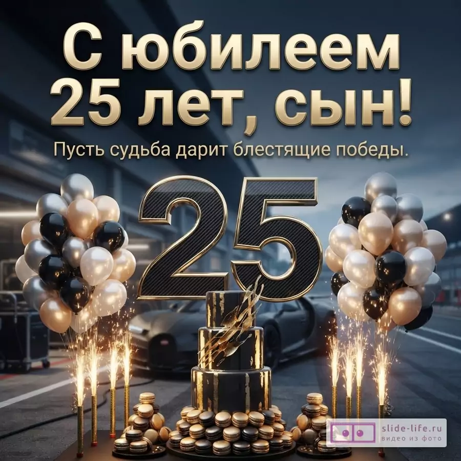 Объемная цифра 25, черный торт с золотом, бенгальские огни и шары на фоне спорткара с текстом «С юбилеем 25 лет, сын! Пусть судьба дарит блестящие победы.»