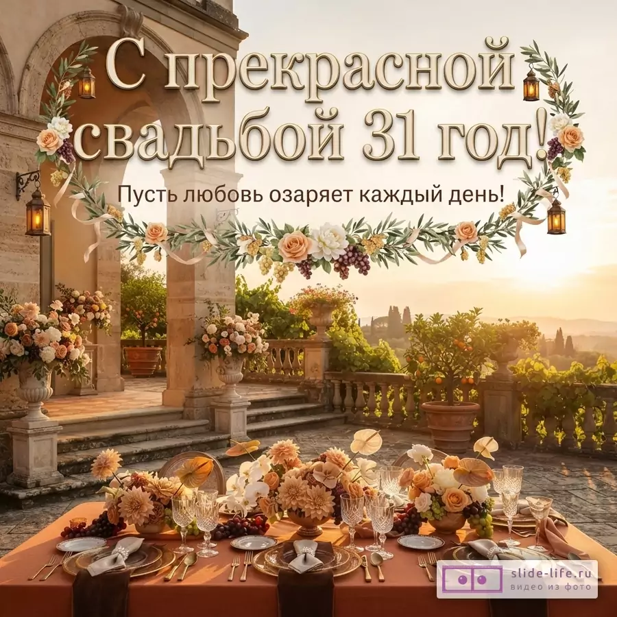 Теплая открытка с терракотовым столом, цветочными гирляндами, арками и текстом «С прекрасной свадьбой 31 год! Пусть любовь озаряет каждый день!»