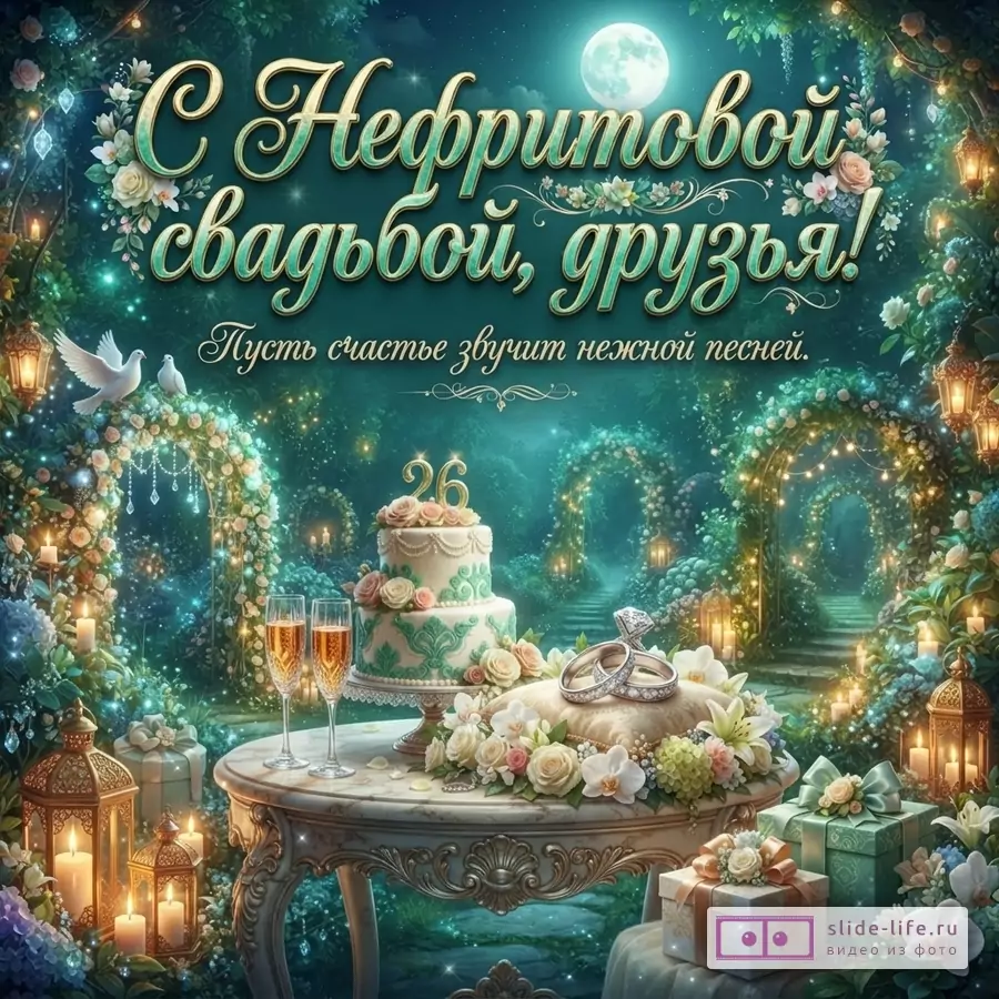 Тёмно-бирюзовый фон, крупная золотая надпись «С Нефритовой свадьбой, друзья!», ниже строка «Пусть счастье звучит нежной песней.», цветы, свечи, торт с цифрой 26, обручальные кольца, бокалы и подарки.