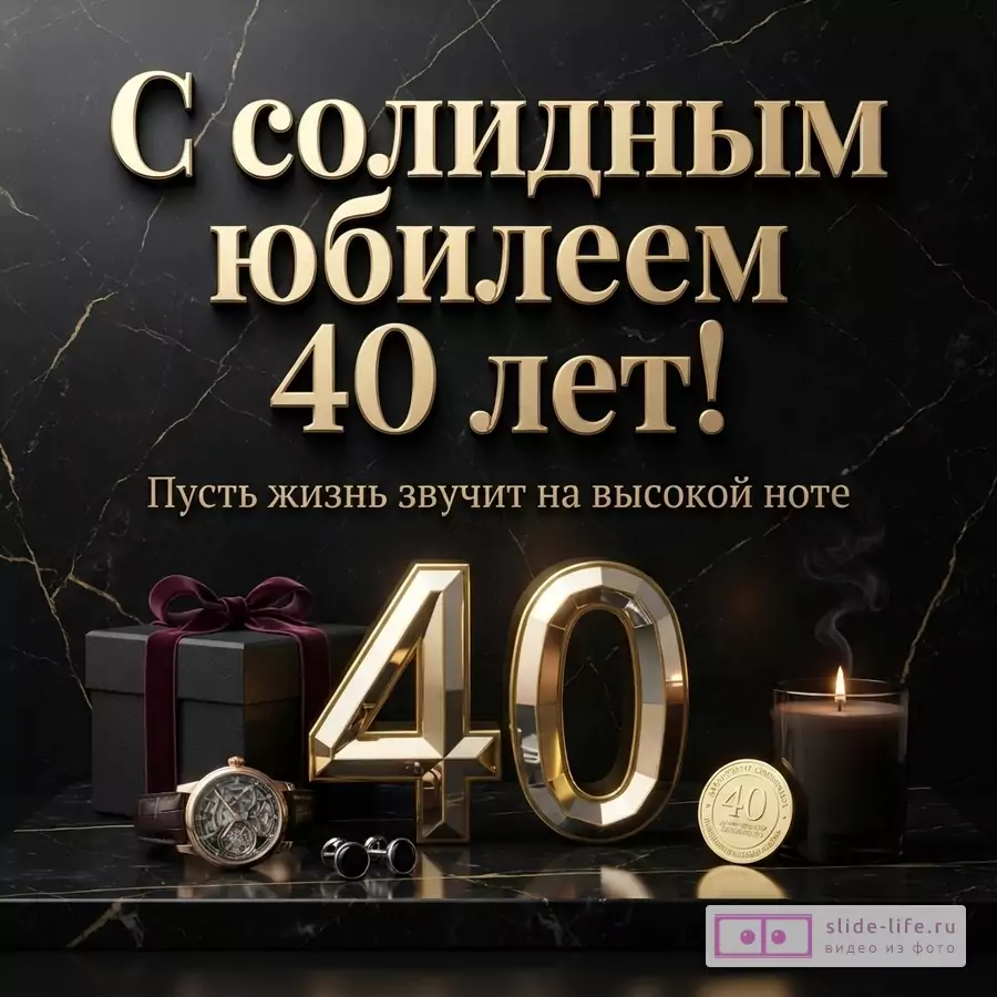 Открытка с черным мраморным фоном, золотыми буквами «С солидным юбилеем 40 лет!» и «Пусть жизнь звучит на высокой ноте». Внизу золотые цифры «40», черная подарочная коробка с бордовой лентой, часы, запонки, свеча и золотая монета «40».