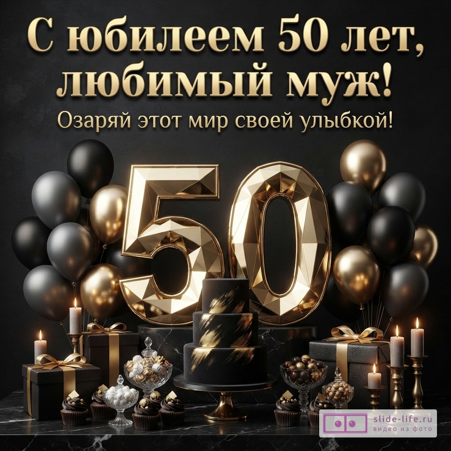 Черный фон, золотые буквы «С юбилеем 50 лет, любимый муж! Озаряй этот мир своей улыбкой!», большие золотые цифры 50, черные и золотые шары, черный торт с золотыми мазками, подарки, кексы, конфеты, свечи.