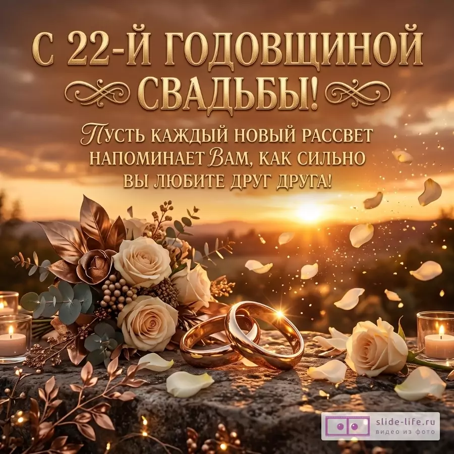 Золотисто-оранжевый закат, букет белых роз, обручальные кольца, свечи и лепестки. Текст: «С 22-Й ГОДОВЩИНОЙ СВАДЬБЫ! Пусть каждый новый рассвет напоминает Вам, как сильно Вы любите друг друга!»
