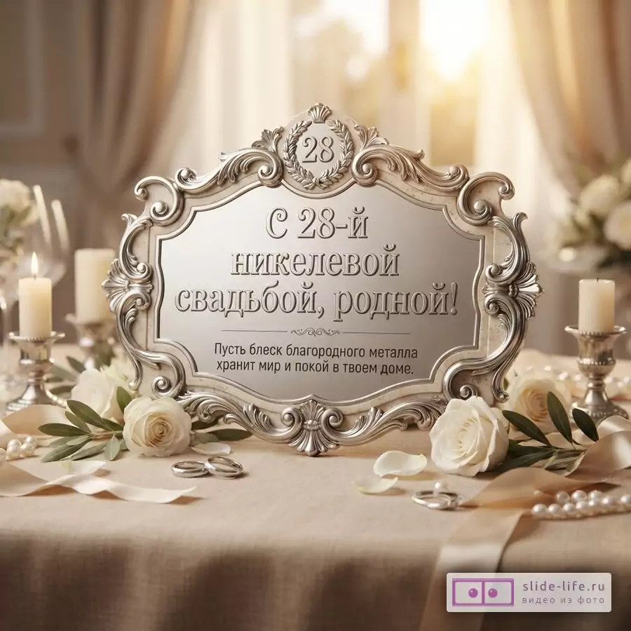 Белая открытка в серебристой фигурной раме с цифрой «28», на светлом фоне с розами, свечами и лентами. Текст: «С 28-й никелевой свадьбой, родной! Пусть блеск благородного металла хранит мир и покой в твоем доме.»
