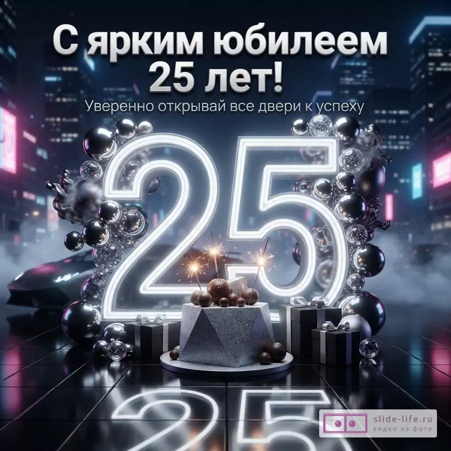 Неоновое число 25, геометрический торт с бенгальскими огнями, подарки и спорткар на фоне ночного города с текстом «С ярким юбилеем 25 лет! Уверенно открывай все двери к успеху».