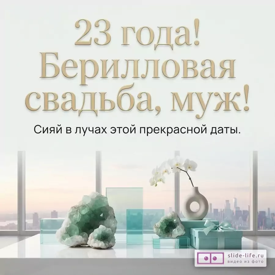 Зеленые кристаллы берилла, белая орхидея в вазе и мятная коробка с подарком на столе у окна с текстом «23 года! Берилловая свадьба, муж! Сияй в лучах этой прекрасной даты.».