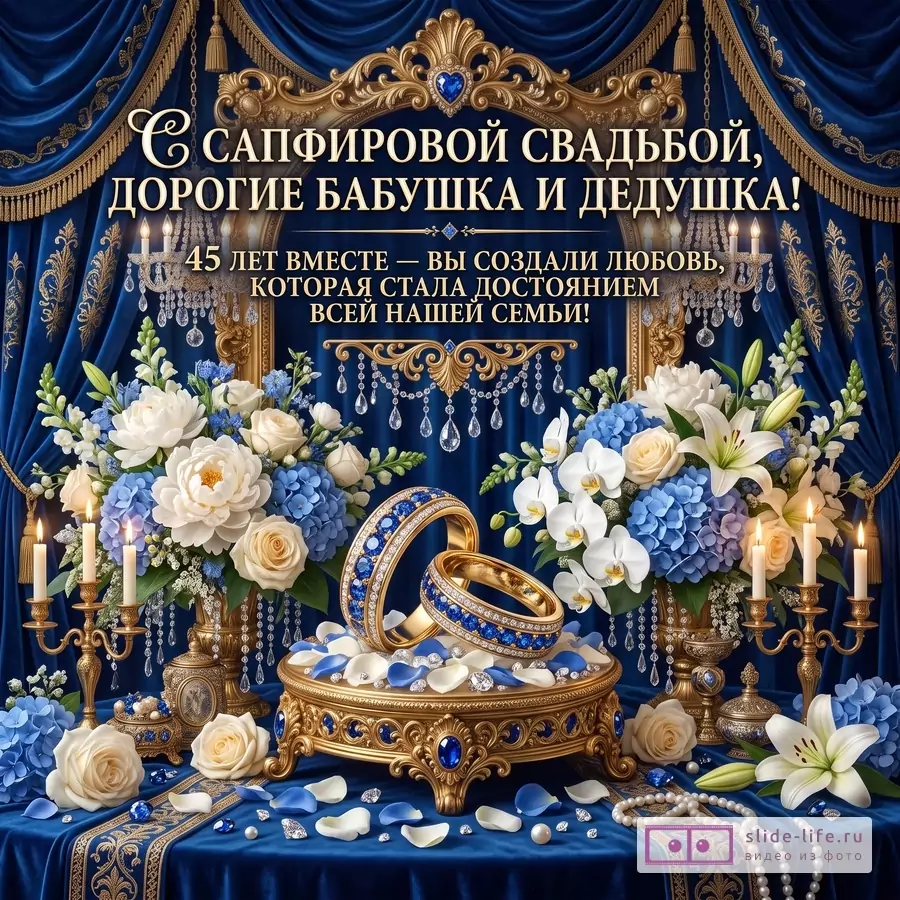 Синий бархатный фон, золотой декор, букеты белых и голубых цветов, кольца, свечи. Текст: «С сапфировой свадьбой, дорогие бабушка и дедушка! 45 лет вместе»