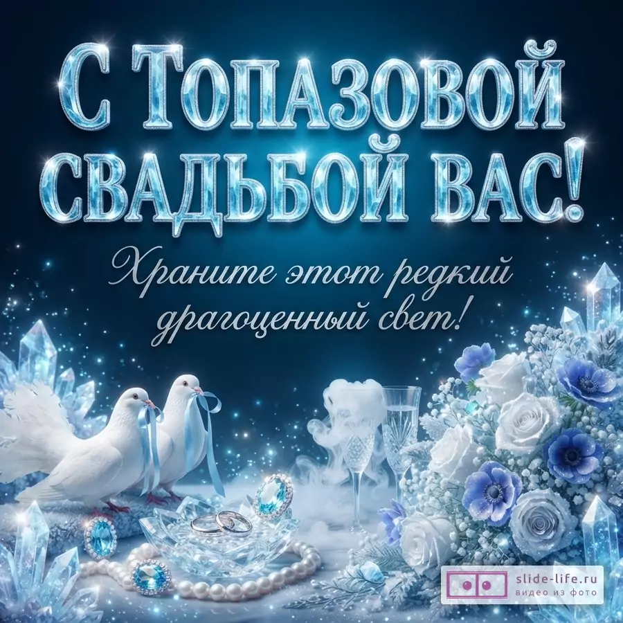 Открытка на синем фоне с голубыми кристаллами, белыми голубями, обручальными кольцами, жемчугом, бокалами и букетом цветов. Текст: «С Топазовой свадьбой вас! Храните этот редкий драгоценный свет!»