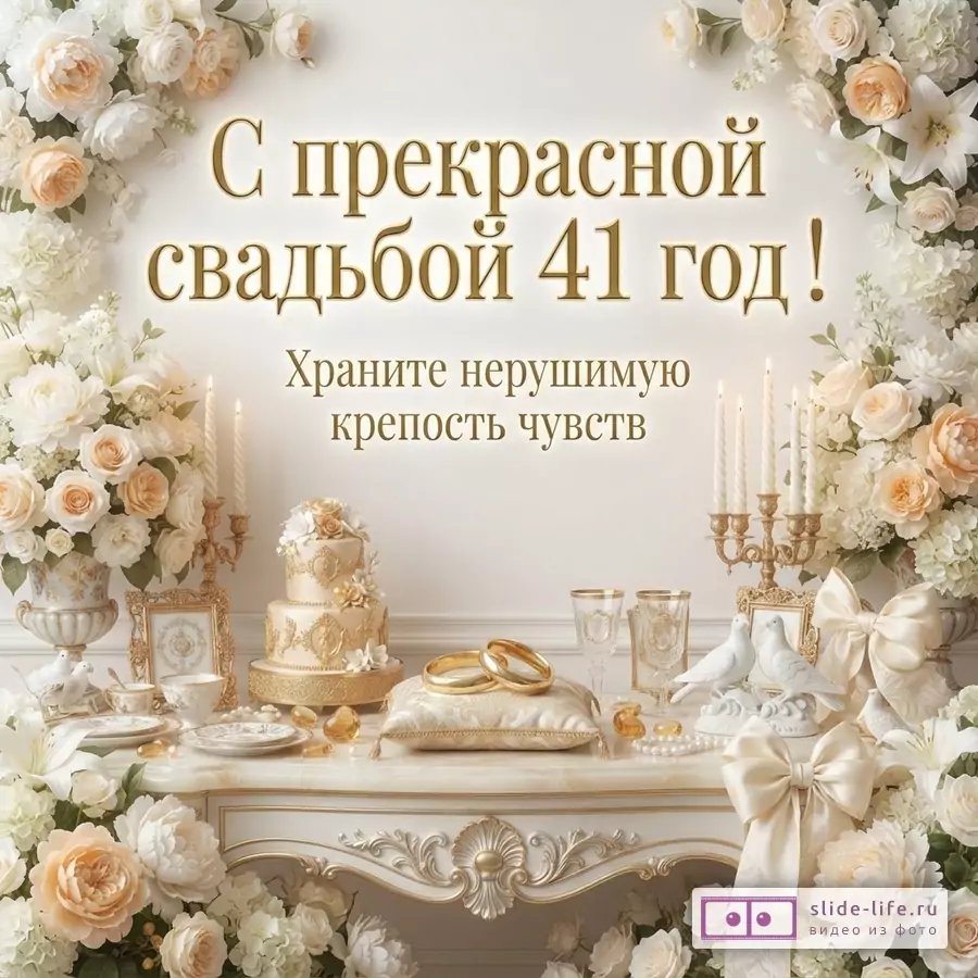 Фон белый, по углам цветочные композиции из белых и персиковых роз, гортензий, лилий. В центре столик с золотым тортом, обручальными кольцами на подушечке, свечами, бокалами, статуэтками голубей. Текст: «С прекрасной свадьбой 41 год! Храните нерушимую крепость чувств»