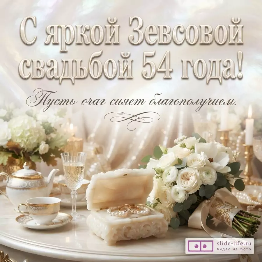 Открытка с бежевым фоном. В центре надпись «С яркой Зевсовой свадьбой 54 года! Пусть очаг сияет благополучием.». На переднем плане чайный сервиз, бокал шампанского, шкатулка с кольцами и жемчугом, букет белых роз.