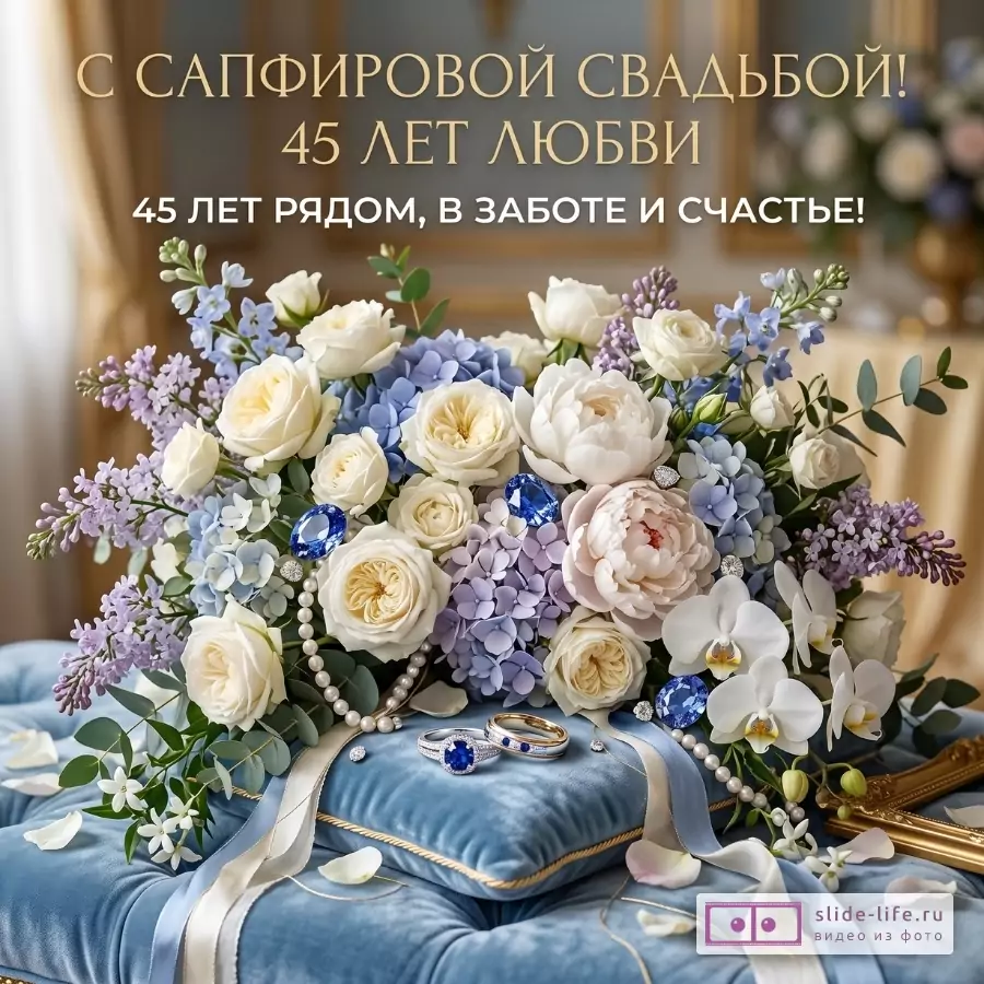 Бежевый фон, голубая бархатная подушка, букет белых, голубых и лиловых цветов, свадебные кольца и синие камни. Текст: «С САПФИРОВОЙ СВАДЬБОЙ! 45 ЛЕТ ЛЮБВИ 45 ЛЕТ РЯДОМ, В ЗАБОТЕ И СЧАСТЬЕ!»