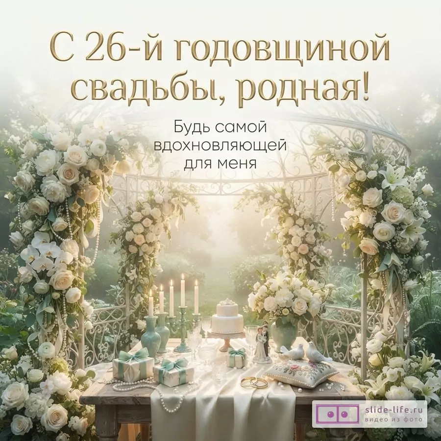 Фон в светлых пастельных тонах, цветочная арка, свадебный стол, свечи, торт, подарки, текст «С 26-й годовщиной свадьбы, родная! Будь самой вдохновляющей для меня»