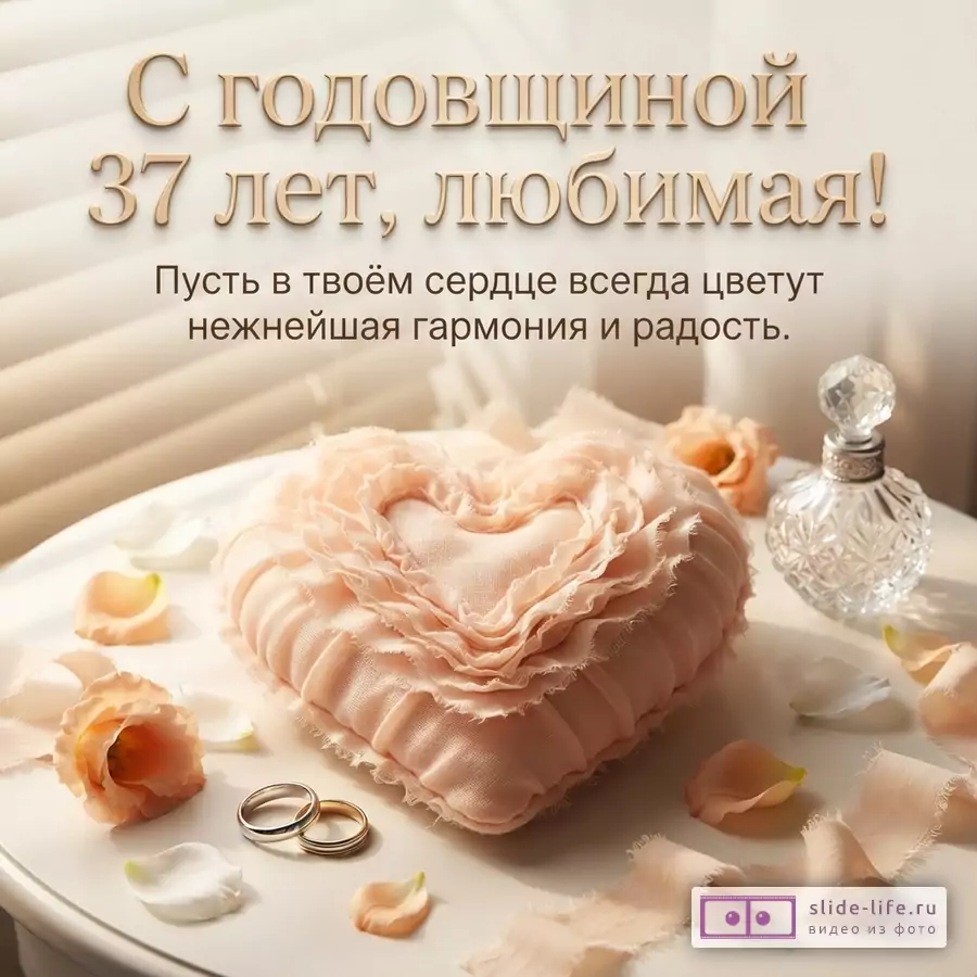 Бежевый фон, белые жалюзи, розовое сердце-подушка, два кольца, лепестки, флакон духов. Надпись: «С годовщиной 37 лет, любимая! Пусть в твоём сердце всегда цветут нежнейшая гармония и радость.»