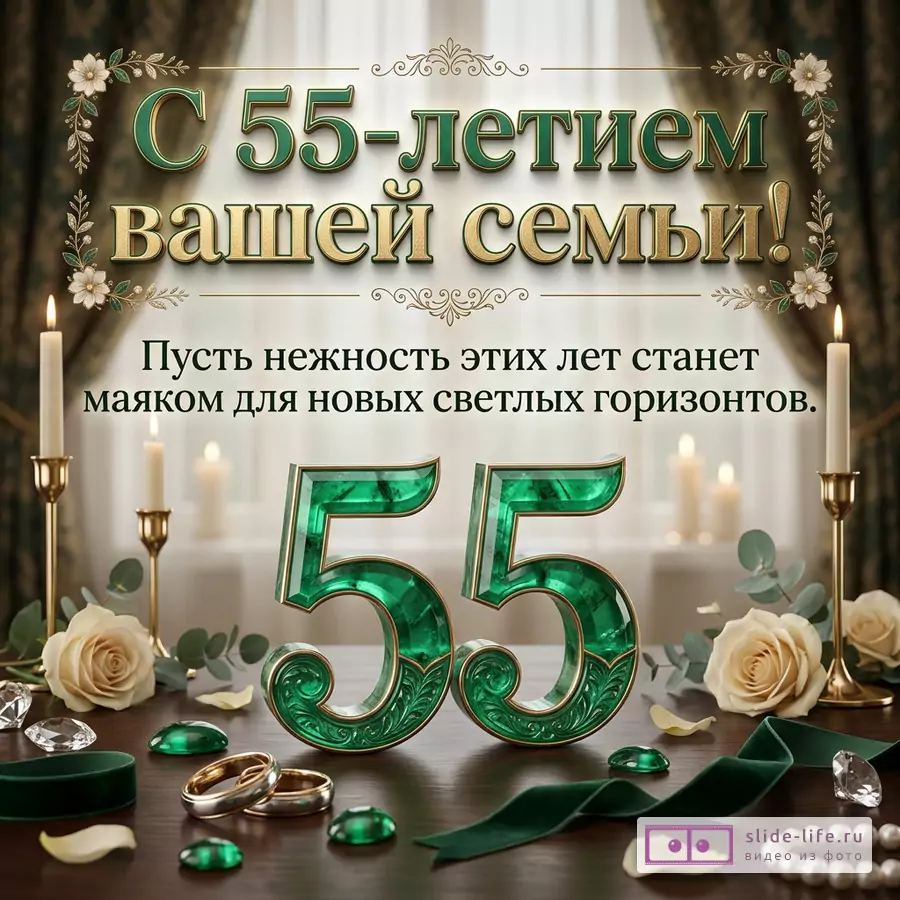 Открытка с текстом «С 55-летием вашей семьи! Пусть нежность этих лет станет маяком для новых светлых горизонтов.» Белый и темно-зеленый фон, свечи, белые розы, кольца, изумрудные цифры 55