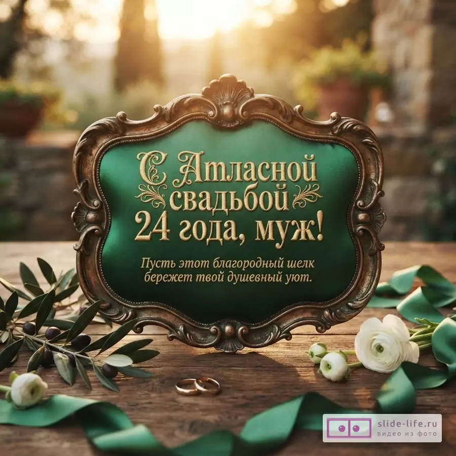 Винтажная рамка с зеленым шелком и надписью «С Атласной свадьбой 24 года, муж! Пусть этот благородный шелк бережет твой душевный уют», кольца и цветы на столе.