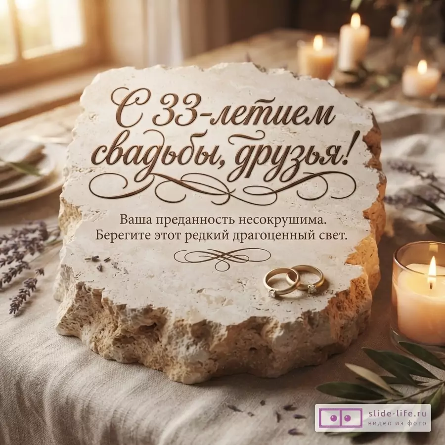 Бежевая каменная плита на столе с льняной скатертью, на плите два золотых кольца. Фон размытый, видны свечи и лаванда. Текст: «С 33-летием свадьбы, друзья! Ваша преданность несокрушима. Берегите этот редкий драгоценный свет.»