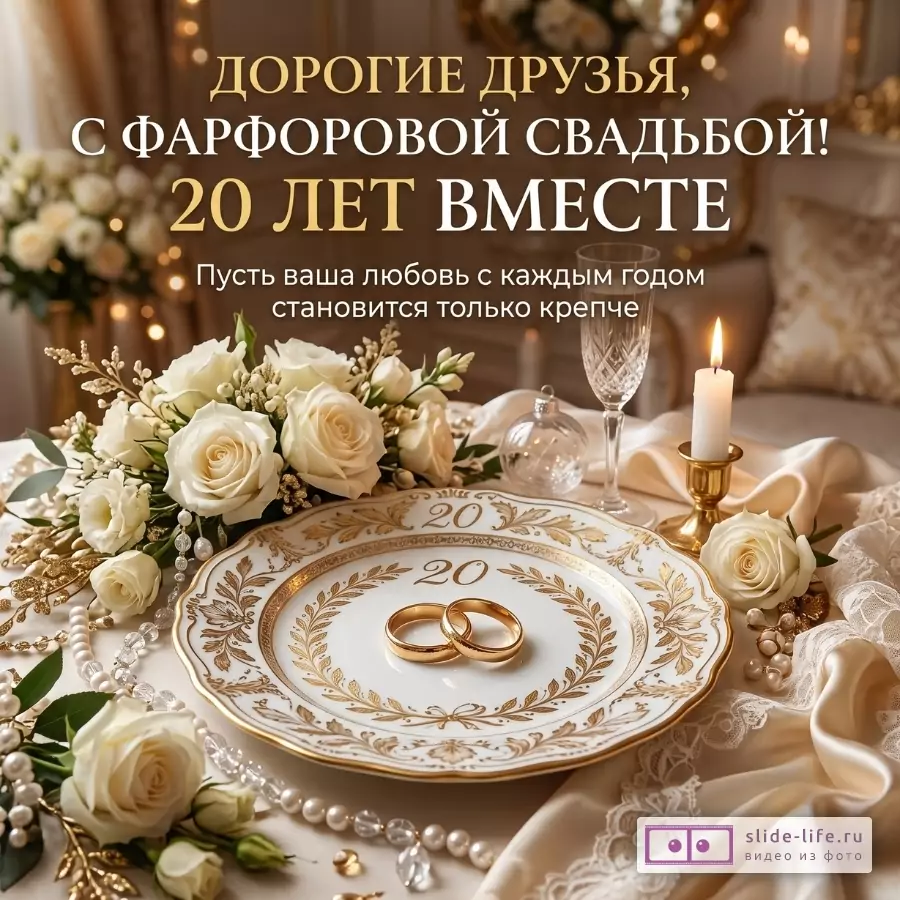 Бежево-золотистый фон, белые розы, свеча, бокал, жемчуг, фарфоровая тарелка с золотым узором и двумя кольцами. Текст: «ДОРОГИЕ ДРУЗЬЯ, С ФАРФОРОВОЙ СВАДЬБОЙ! 20 ЛЕТ ВМЕСТЕ»