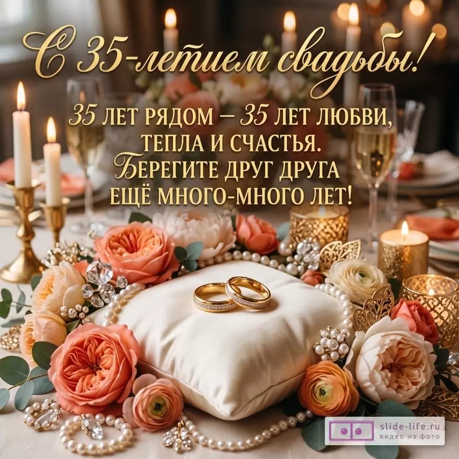 Бежево-золотой фон, свечи, розы, жемчуг и обручальные кольца. Текст: «С 35-летием свадьбы! 35 лет рядом — 35 лет любви, тепла и счастья. Берегите друг друга ещё много-много лет!»