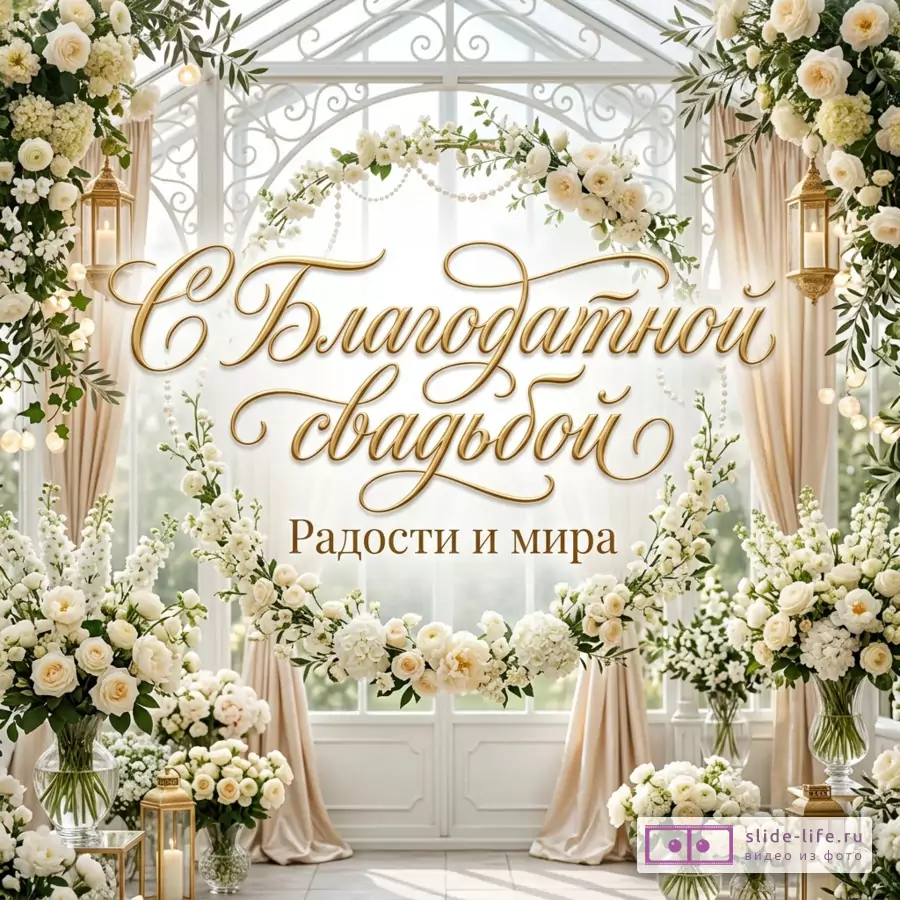 Белая свадебная арка с цветами, зеленью, фонарями и светлыми шторами, золотая каллиграфическая надпись «С Благодатной свадьбой Радости и мира», светлый интерьер