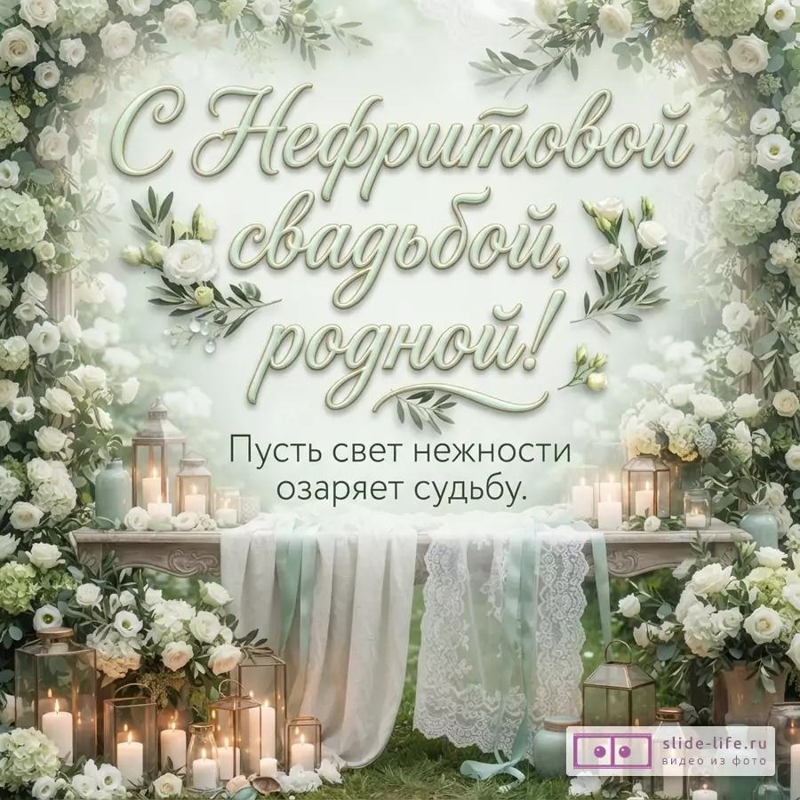 Белые розы, зажженные фонари со свечами на деревянном столике и надпись «С Нефритовой свадьбой, родной! Пусть свет нежности озаряет судьбу.».
