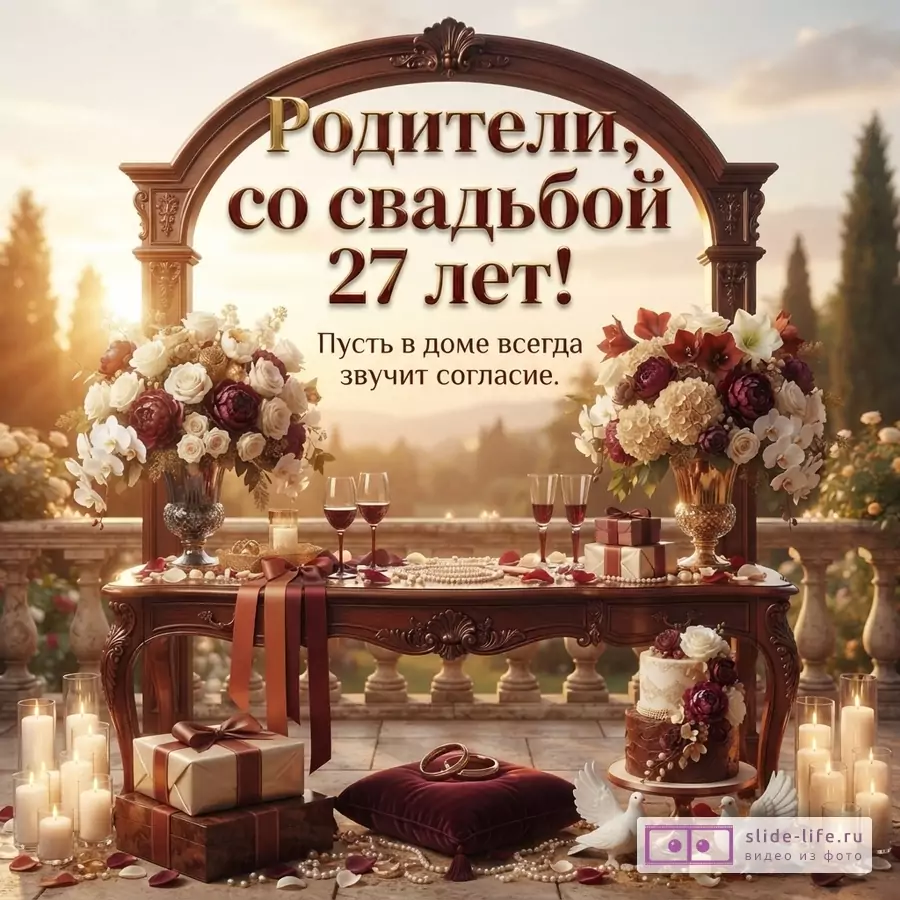 Открытка с аркой, цветочными композициями, столом с подарками и свечами на фоне заката. Текст: «Родители, со свадьбой 27 лет! Пусть в доме всегда звучит согласие.»