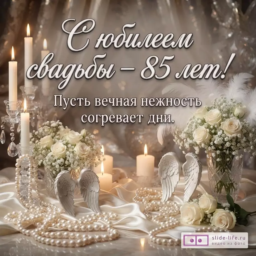 Белые розы, свечи, жемчужные бусы и декоративные крылья ангела на светлом шелке с текстом «С юбилеем свадьбы — 85 лет! Пусть вечная нежность согревает дни.»