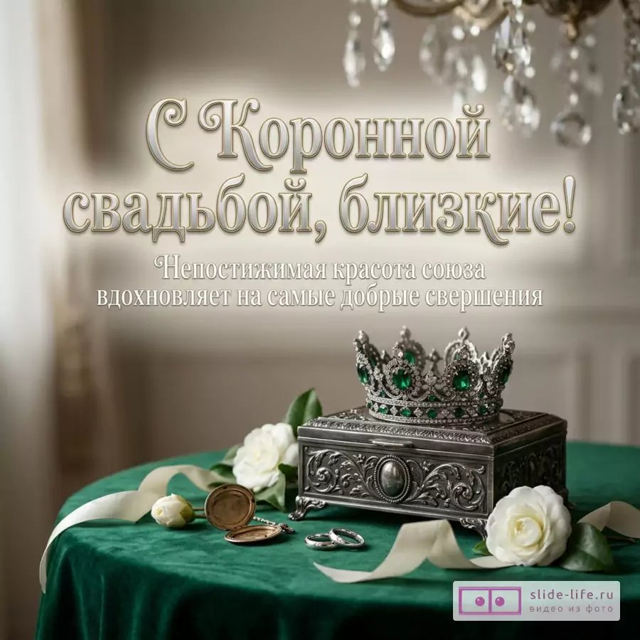 Шкатулка с короной, обручальные кольца и белые цветы на зеленом бархате с надписью: «С Коронной свадьбой, близкие! Непостижимая красота союза вдохновляет на самые добрые свершения».