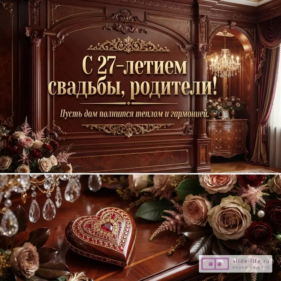 Открытка на фоне красного дерева с золотыми элементами и цветочными композициями. Текст: «С 27-летием свадьбы, родители! Пусть дом полнится теплом и гармонией.»
