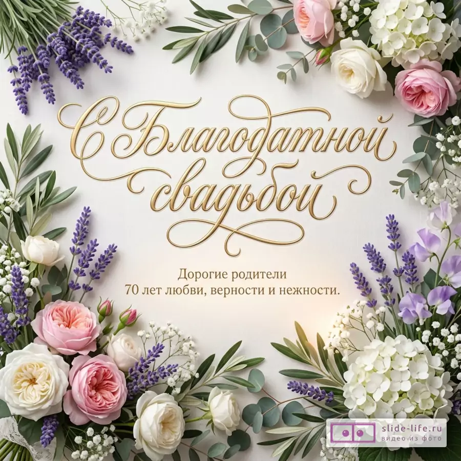 Белый фон, цветочная рамка из розовых и белых роз, лаванды, гортензии, гипсофилы и зелени, золотая каллиграфическая надпись «С Благодатной свадьбой», текст «Дорогие родители 70 лет любви, верности и нежности.»