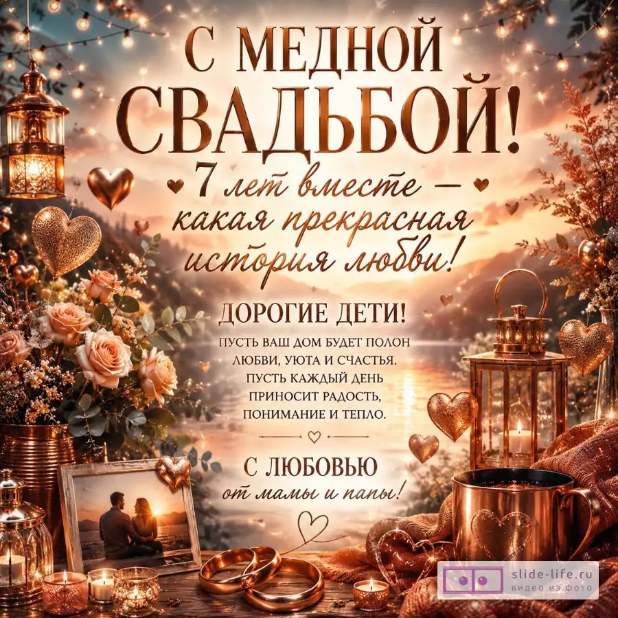 7 лет вместе — медная свадьба: трогательное поздравление детям от родителей открытка с годовщиной
