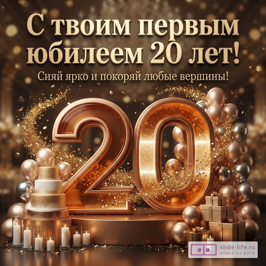 Золотисто-коричневый фон, крупная надпись «С твоим первым юбилеем 20 лет! Сияй ярко и покоряй любые вершины!», большой объемный «20», шары, торт и подарки.